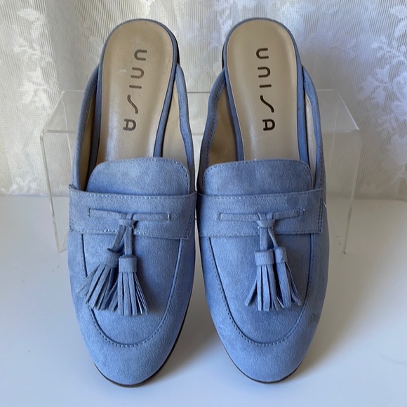 UNISA Sky Blue Suede Tassel Slip On Loafers 10 - Picture 2 of 7